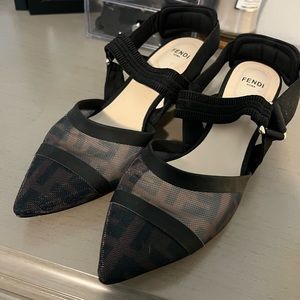 Fendi Colibrì- Black leather and mesh slingbacks with medium heel - Size 42